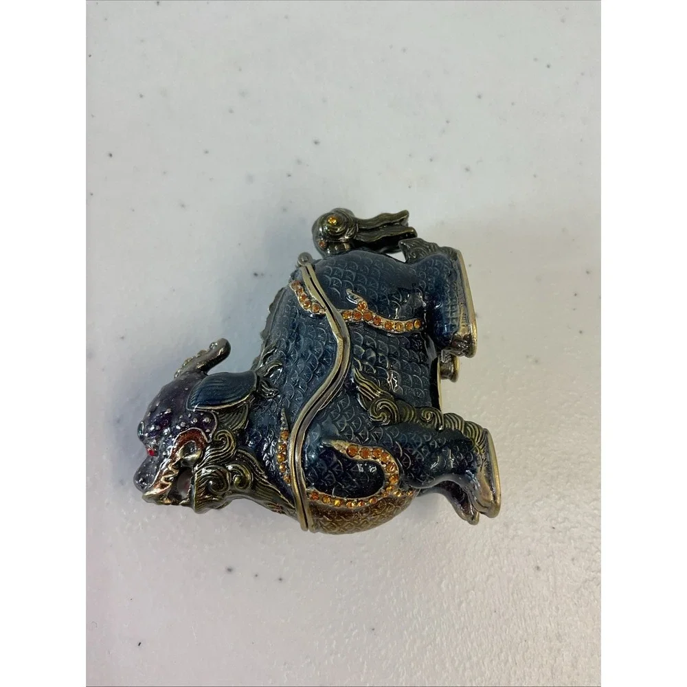 Foo Dog Trinket Box Chinese Guardian Lion Blue Enamel Rhinestone 2.5in